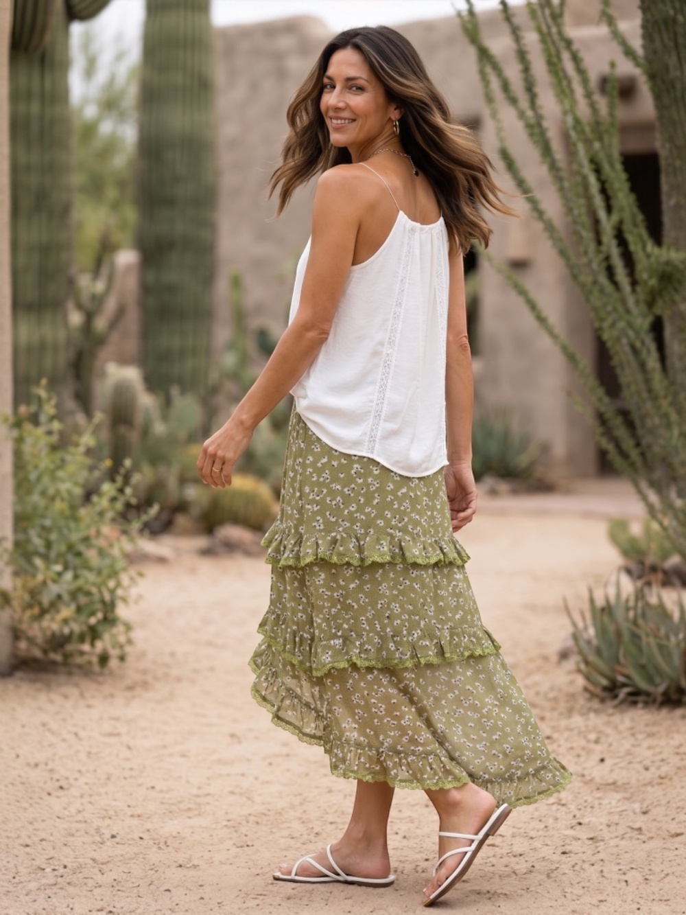 POL Green Ditzy Floral Maxi Skirt | Ruffle Tiered Side Slit Pull On - Picture 3 of 7